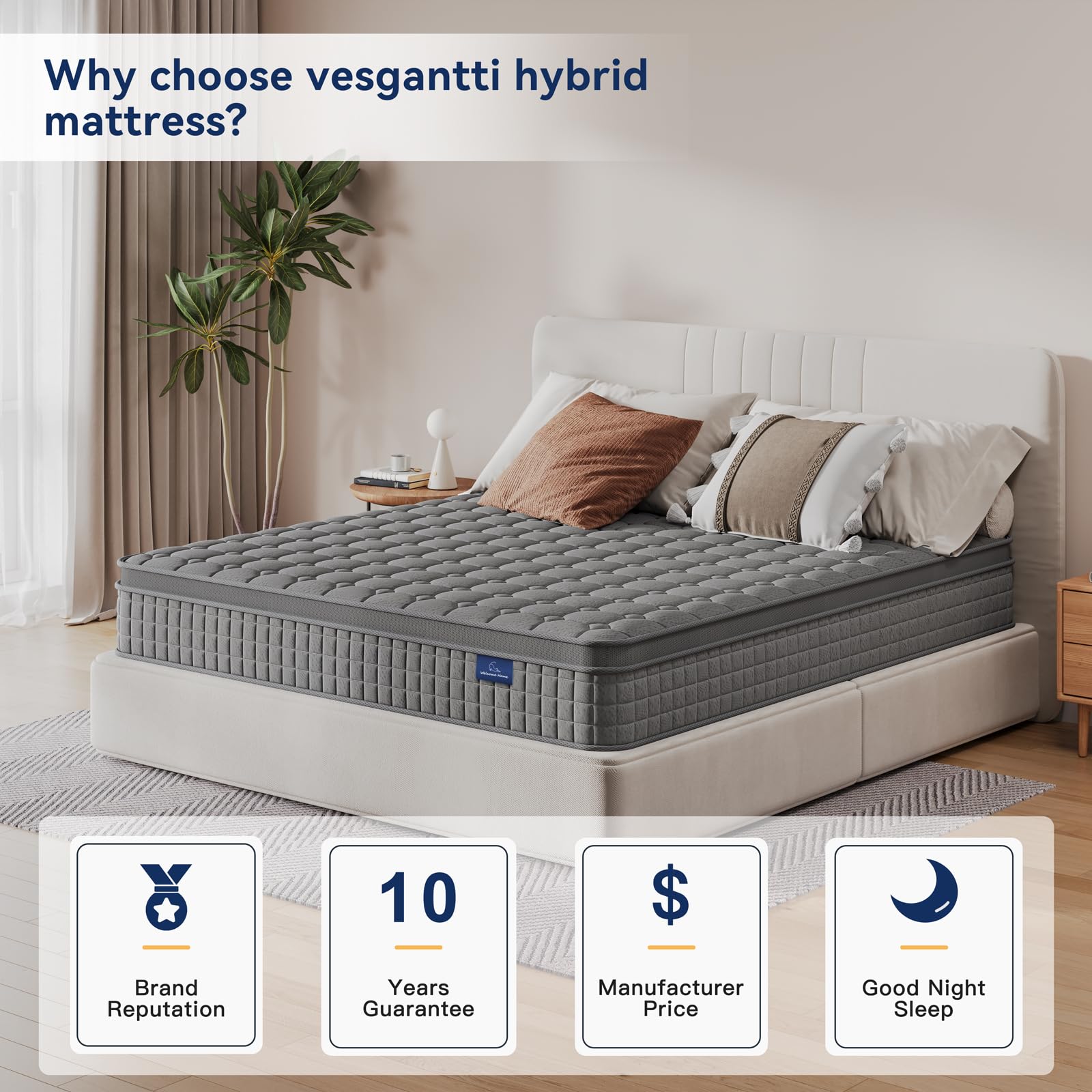 Vesgantti 10 Inch Multilayer Hybrid Cal King Mattress - Multiple Sizes & Styles Available  Ergonomic Design with Memory Foam and Pocket Spring  Medium Firm Feel  Grey